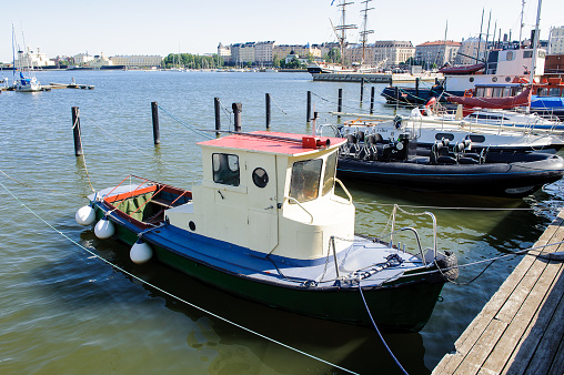 Helsinki, Finland - July  26, 2014: Boat in the Port in Helsinki, Finland. Helsinki was chosen to be the World Design Capital for 2012