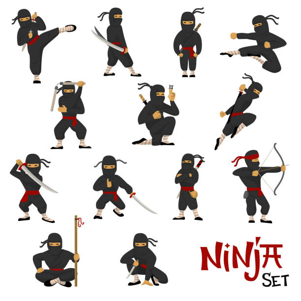ilustrações de stock, clip art, desenhos animados e ícones de ninja vector warrior set of cartoon character ninjitsu in various poses samurai in fighting action isolated on white background - ninja