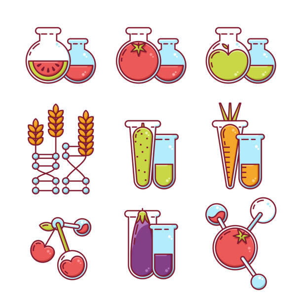 vektor-icons set. illustration von obst, gemüse mit pestiziden und chemikalien. fehlerhaft oder gvo-food-konzept. - genetic modification dna tomato genetic research stock-grafiken, -clipart, -cartoons und -symbole