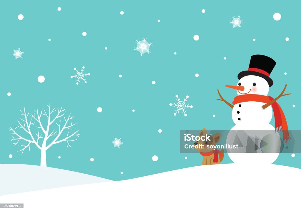 Winter snowy scene with snowman and cute dog - Royalty-free Boneco de neve arte vetorial