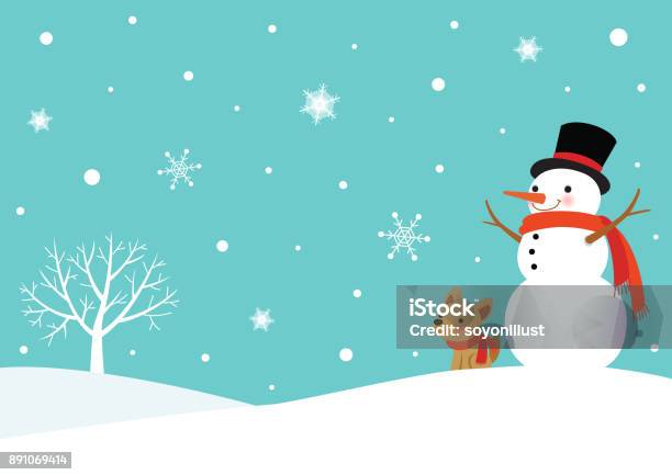 Winter Snowy Scene With Snowman And Cute Dog - Arte vetorial de stock e mais imagens de Boneco de neve - Boneco de neve, Neve, Inverno