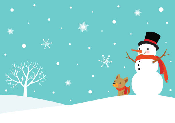 Winter snowy scene with snowman and cute dog winter,season,holiday,Christmas,snowman,snowflake,dog,landscape,tree snowman stock illustrations