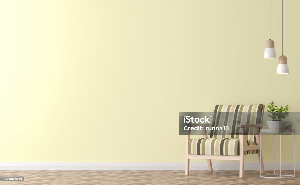 Moderna sala vintage con renderizado 3d de pared amarilla - Foto de stock de Pared libre de derechos