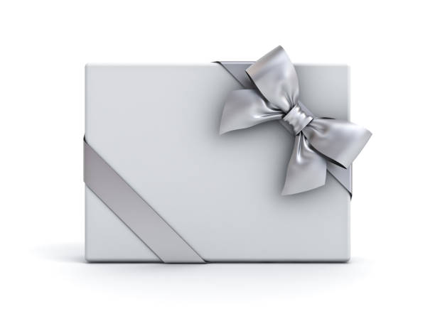 istock Gift box or present box with silver ribbon and bow isolated on white background with shadow 891081144