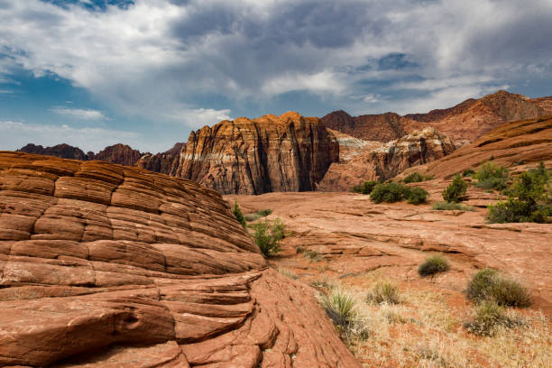 Pristine view of Snow Canyon State Park with its petrified sand dunes and red Navajo Sandstone Pristine view of Snow Canyon State Park with its petrified sand dunes and red Navajo Sandstone in Utah, snow canyon state park stock pictures, royalty-free photos & images