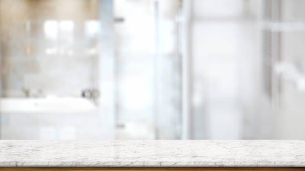 istock Empty marble and wood table counter in modern bath room. for product montage display. 891123332