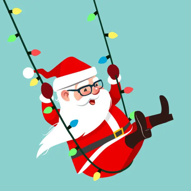 Vector illustration of Vector cartoon character illustration of Santa Claus swinging on a string of colorful Christmas lights, isolated on aqua blue background. Funny humorous Christmas holiday design element in flat style.