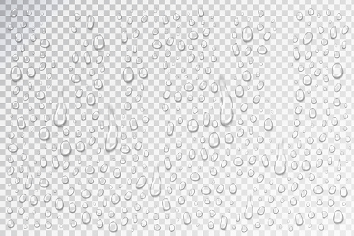 Vector set of realistic isolated water droplets for decoration and covering.