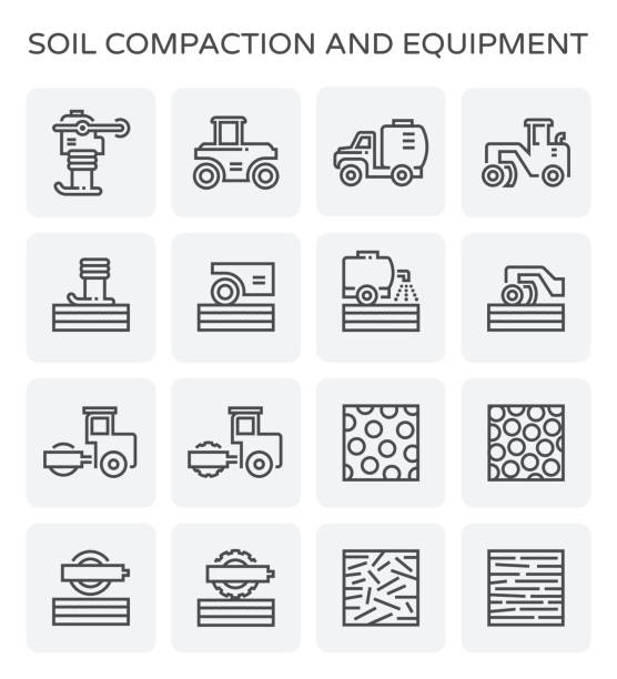 soil compaction icon Soil compaction and equipment icon set. water truck stock illustrations