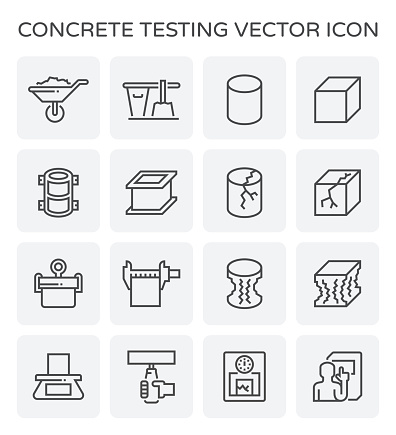 Concrete strength testing and laboratory icon set.
