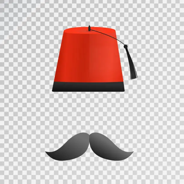 Vector illustration of Vector isolated cartoon Turkish hat Fez and mustache on the transparent background for decoration.