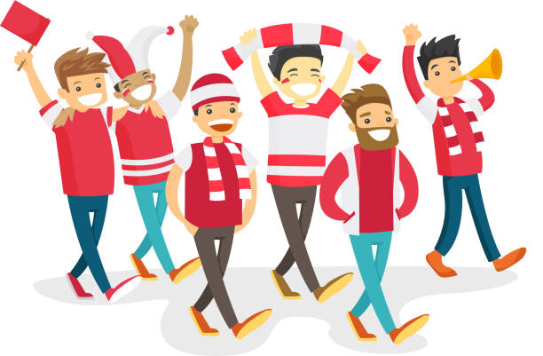 Group of happy sport fans supporting their team Group of multicultural happy sport fans in red outfit cheering for their team. Football fans with flag and scarfs strolling. Vector cartoon illustration isolated on white background. Square layout. soccer clipart stock illustrations