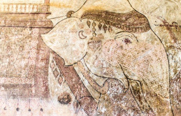 istock Hand painted elephant in an ancient Burmese mural inside the Sulamani Temple 891161512