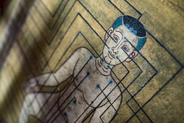 Ancient Thai wall painting depicting a chart of man's acupuncture points at an angle Thai mural painting on a temple wall at Wat Pho Thai Traditional Medical and Massage School in Bangkok, Thailand, Asia thailand temple nobody photography stock pictures, royalty-free photos & images