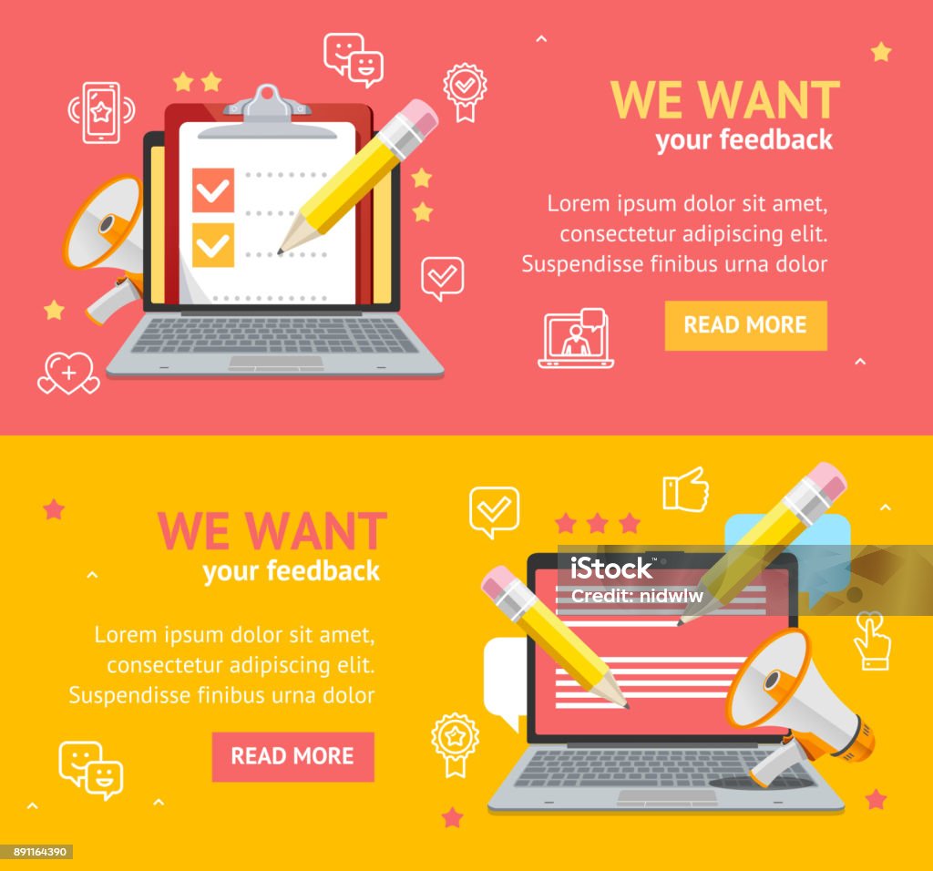 We Want Feedback Banner Card Poster Set. Vector We Want Feedback Banner Card Poster Set Client Information Testimonial Concept for Business. Vector illustration of Customer Comments Questionnaire stock vector