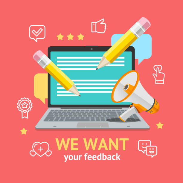 We Want Feedback Concept. Vector We Want Feedback Concept with Portable Laptop Computer Display Device and Bubble Technology Management Business . Vector illustration of Testimonial pencil tip stock illustrations