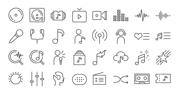 ilustrações de stock, clip art, desenhos animados e ícones de music app icon set. included the icons as song, playlist, music, album, new release, top chart and more. - to do list audio