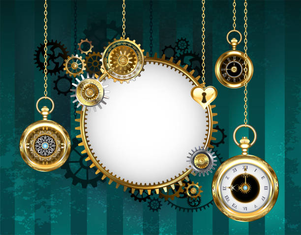 Round mechanical banner on green background round light banner with a mechanical frame adorned with gears and an antique clock with gold chains on a green striped background. Steampunk style. clock borders stock illustrations