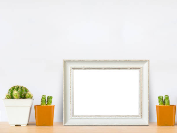 istock white wooden frame with cactus in pot on wood table 891181536