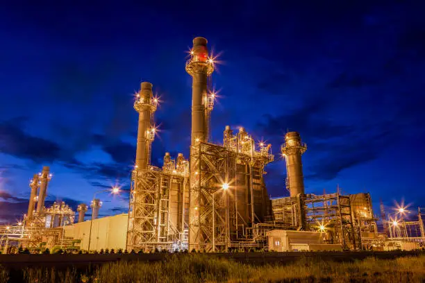 Photo of Gas turbine electric power plant at night