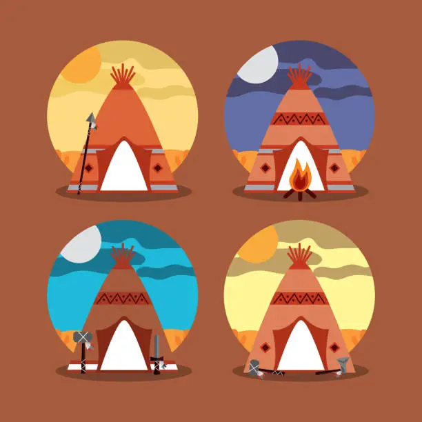 Vector illustration of four teepee home native american with landscape difference