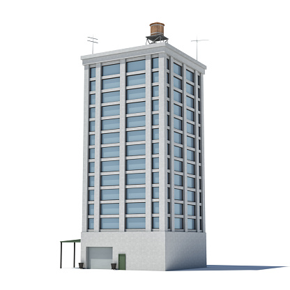 3d rendering of a white high office building with many large windows and a garage on the ground floor. Commercial building. Offices and industrial premises. Bland building exterior.