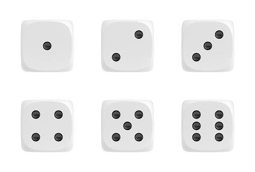 3d rendering of a set of six white dice in front view with black dots showing different numbers. Bets and wagers. Gambling and casino. Win or lose.