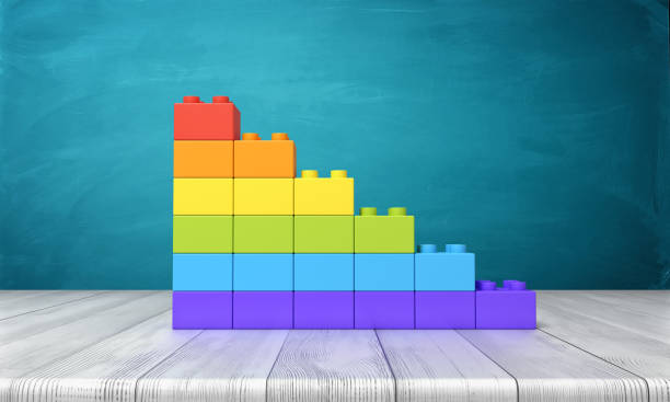 renderização 3d de um brinquedo de blocos organizados em arco-íris colorido estrelas em cima de uma mesa de madeira - material variation timber stacking - fotografias e filmes do acervo