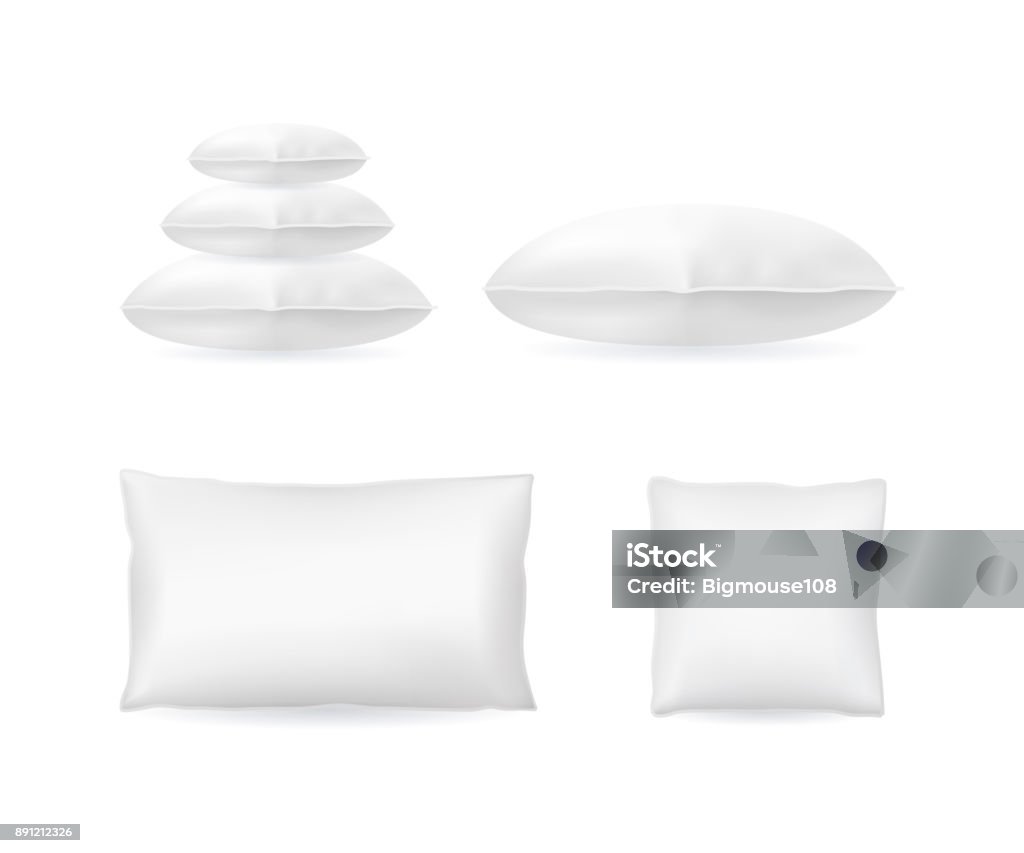 Realistic Detailed 3d Template Blank White Pillow Mock Up Set. Vector Realistic Detailed 3d Template Blank White Pillow Mock Up Set Pile, Square and Rectangle Shape . Vector illustration Pillow stock vector