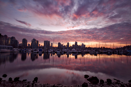 Vancouver marina sunset reflection in Stanley park on a Winter afternoon, long exposure