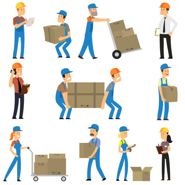 Warehouse and delivery workers. Warehouse and delivery workers. Foreman, manager and delivery boy. vector illustration. superintendent stock illustrations