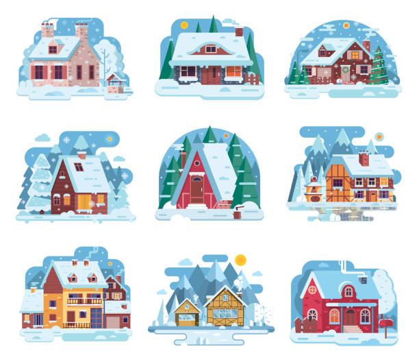 겨울 별장 및 오두막 세트 - cabin log log cabin winter stock illustrations