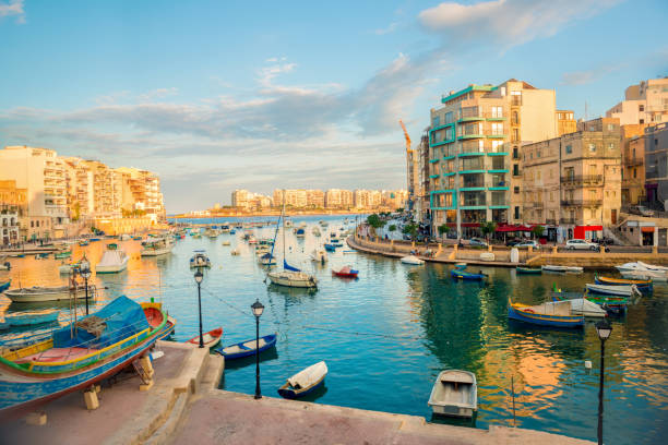 beautiful view of harbor with maltese yachts and boats in st. julians to sliema, spinola bay, malta - marina nautical vessel sailboat harbor imagens e fotografias de stock