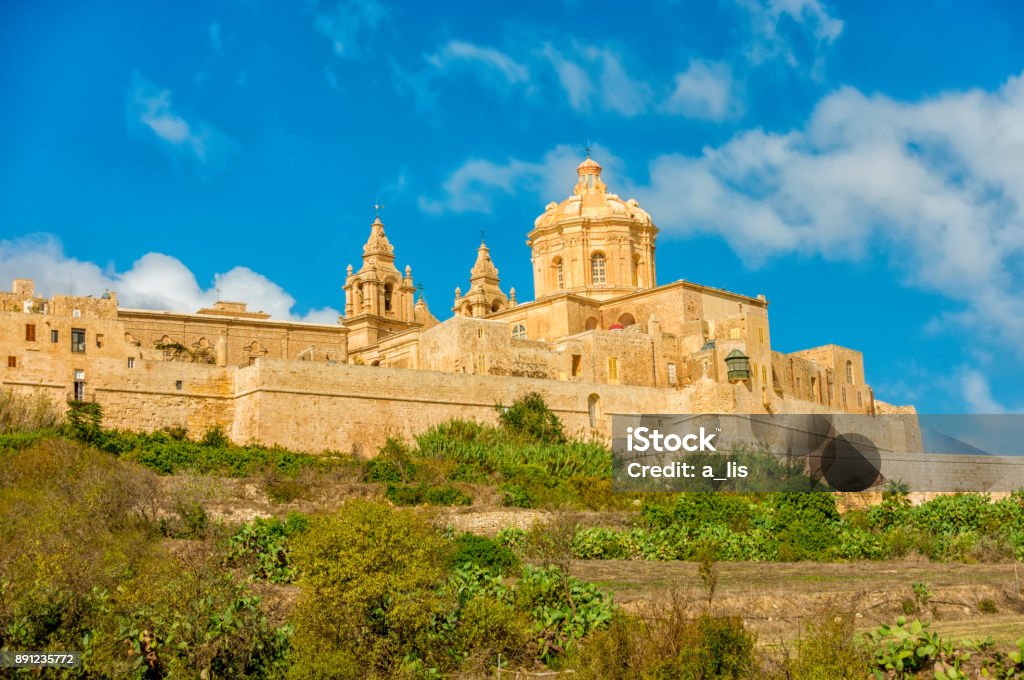 beautiful view of Saint Pauls Cathedral in Mdina, Malta Ancient Stock Photo