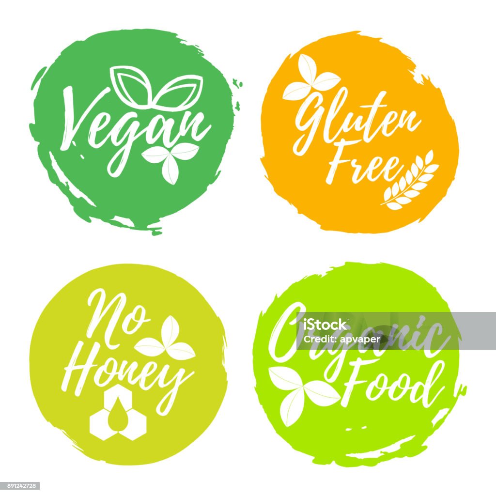 Set of Healthy and Organic Food label. Font with Brush. Food Intolerance Symbols and Badges. Vector illustration icon Set of Healthy and Organic Food label. Font with Brush. Food Intolerance Symbols and Badges. Vector illustration icon. Typescript stock vector