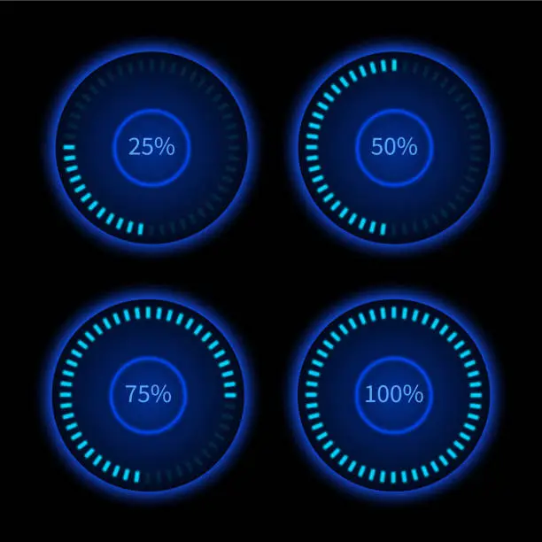 Vector illustration of Collection of blue round progress circles. Download sign. Load system