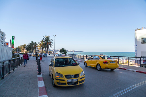 Tunis, Tunisia - December 28, 2016: La Marsa district of Tunis city, the capital of Tunisia. La Marsa is a popular touristic coastal area in the city center.
