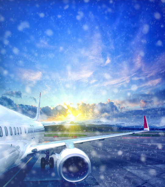 airplane taking off from the airport in winter. fragment of the body of aircraft. business travel concept
