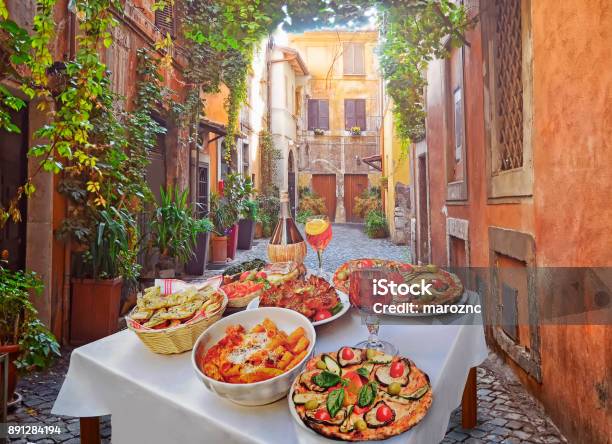 Pasta Pizza And Homemade Food Arrangement In A Restaurant Rome Stock Photo - Download Image Now