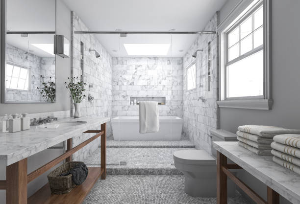 istock 3d rendering modern minimal bathroom with scandinavian decor and nice nature view from window 891289856