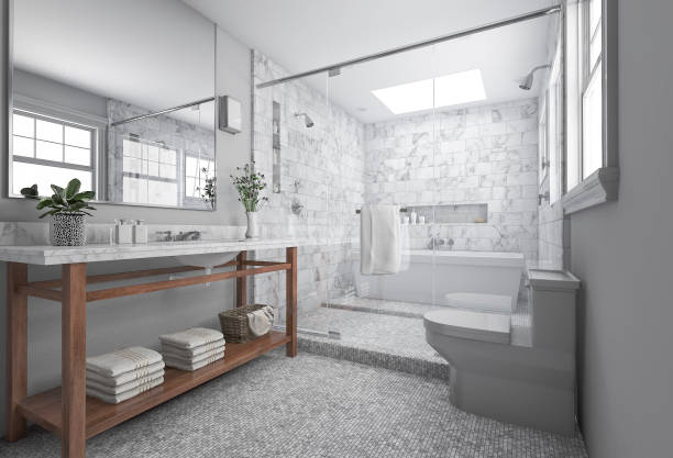 3d rendering moderno bagno minimale con arredamento scandinavo e bella vista sulla natura dalla finestra - bathroom bathtub contemporary tile foto e immagini stock