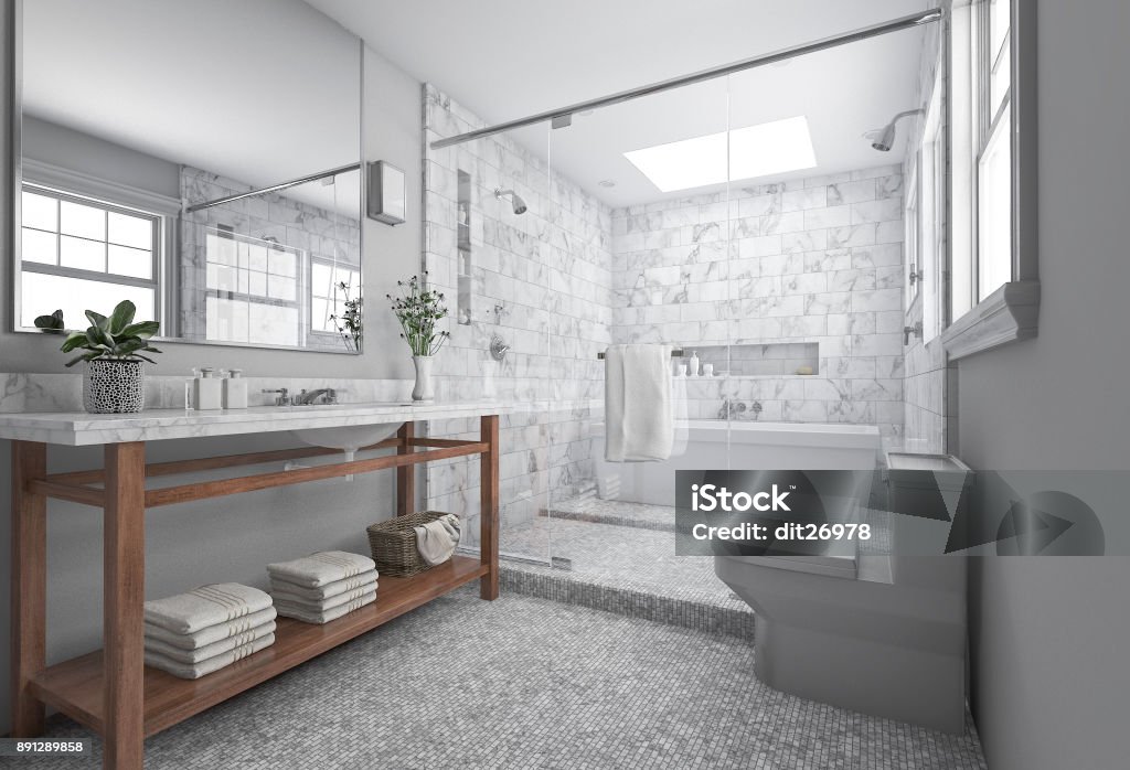3D processamento mínimo casa de banho moderna com decoração escandinava e natureza bela vista da janela do - Foto de stock de Banheiro - Estrutura construída royalty-free