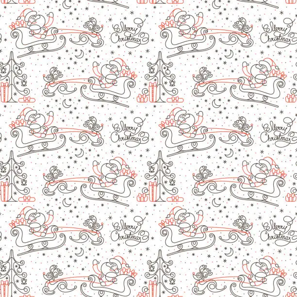 Vector illustration of Seamless Christmas Pattern with Santa, Tree и Hand Draw Lettering on White Background.