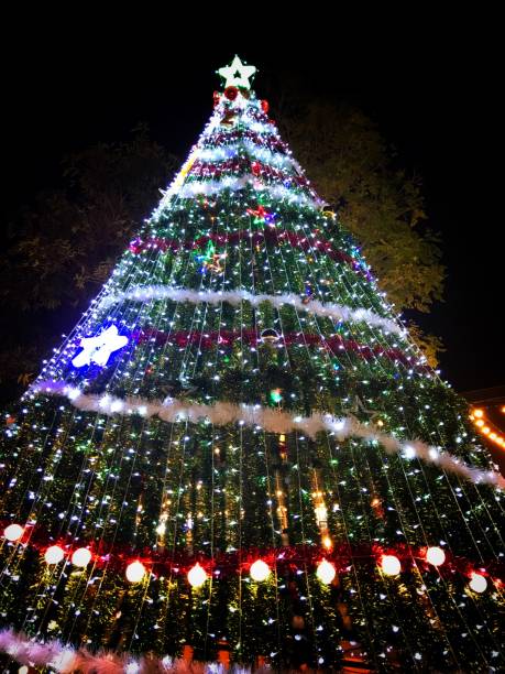 istock Christmas tree decorated with colorful lights at night. 891304232