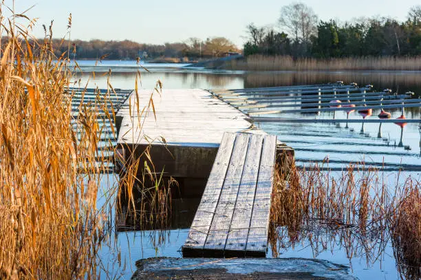 Frost covered gangway to floating pier with coastal landscape in background. Reed beside the gangway. Seawater is motionless in the cold, windless morning. Location, Nattraby, Karlskrona, Sweden.