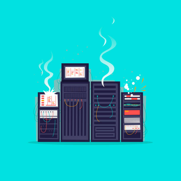 Broken server. Flat design vector illustration. Broken server. Flat design vector illustration. network server room stock illustrations