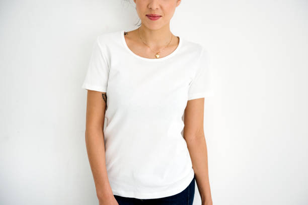 istock Woman wearing design space white tee 891315178