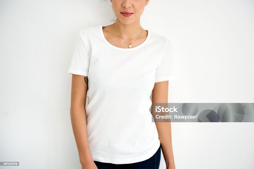 Woman wearing design space white tee One Woman Only Stock Photo