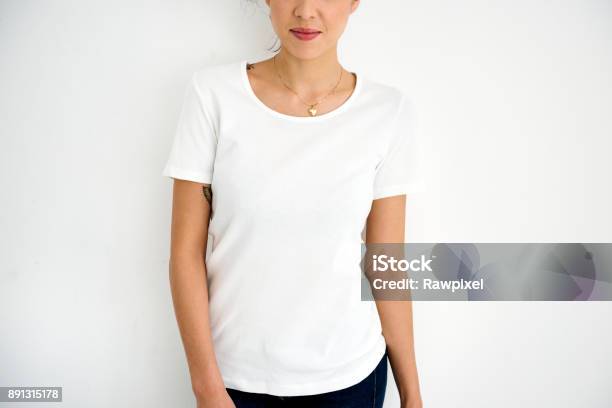 Woman Wearing Design Space White Tee Stock Photo - Download Image Now - One Woman Only, White People, T-Shirt