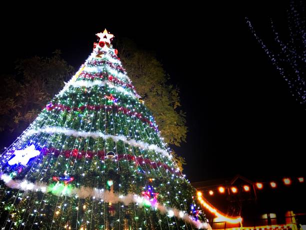 istock Christmas tree decorated with colorful lights at night. 891318264